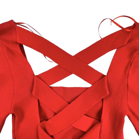 Le Lis Top Women's Medium Red Lace Knit Cropped Criss Cross Strap Back Sweater - Picture 8 of 14